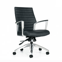 Load image into Gallery viewer, Global Office Furniture - Accord conference chair - modern design - aluminum armrests and base - pleated backrest - black leather - computer chair for offices and conference rooms - chicagoofficechair.com - Corporate buyers and small businesses Naperville to Niles and from Barrington to Berwyn, Chicago office furniture buyers like the Global Accord Chair - chicagoofficechair.com