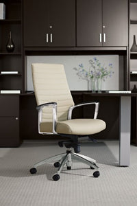 Global Office Furniture - Accord Conference Chair - beige leather - polished aluminum armrests and base - in private office dark brown wood desk - executive office - modern design - chicagoofficechair.com