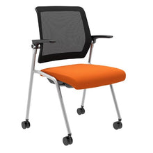 Load image into Gallery viewer, beniia office furniture Artii mobile nesting chair mesh backrest flip-up seat and flip-up armrests, casters, silver frame with orange cushion modern design training room chair Multi-purpose nestable and stackable chair - ChicagoOfficeChair.com www.beniia.com/arti