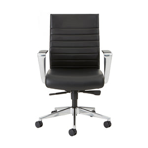 Beniia Office Furniture - Etano Conference chair - front view - black leather - polished aluminum base and armrests - pleated leather backrest w horizontal lines - executive seating - beniia.com/etano-cl - beniiahome.com