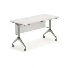 Load image into Gallery viewer, Beniia Office Furniture - Doobi table - back view - mobile nesting training room table on casters - locking oversized casters - silver frame with white top surface - modesty panel white laminate - modern design - beniia.com - chicagoofficechair.com