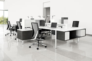 G20 office chairs by Global Total Office shown with benching workstations in a modern office space with light colors and open spaces modern globaltotaloffice.com